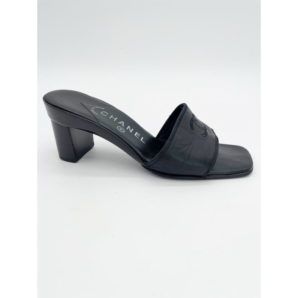 Chanel Vintage Black Leather CC Logo Classic Mule Heeled Sandals Square Toe US 6 - Picture 4 of 11